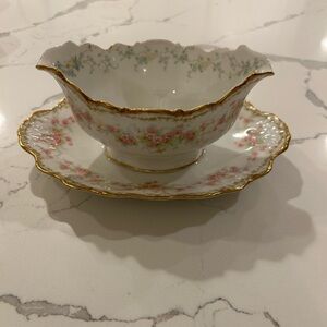 Haviland Limoges Porcelain Gravy Boat with Saucer — Pink Floral and Gold Trim
